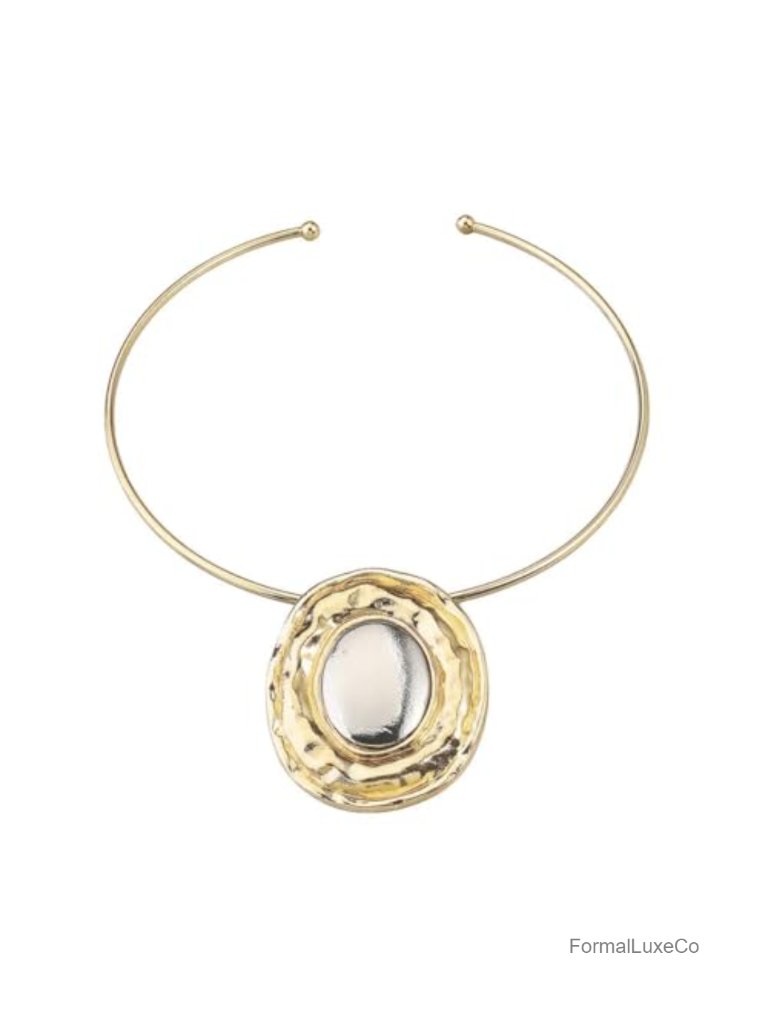 Chunky Statement Choker Necklace With Gold Oval Pendant, Tribal Collar Jewelry